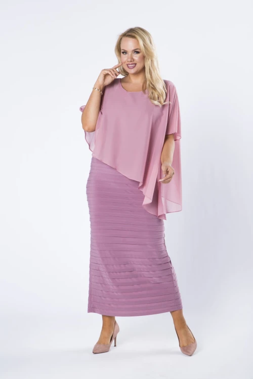 31034 dopasowana sukienka maxi z tiulową narzutką