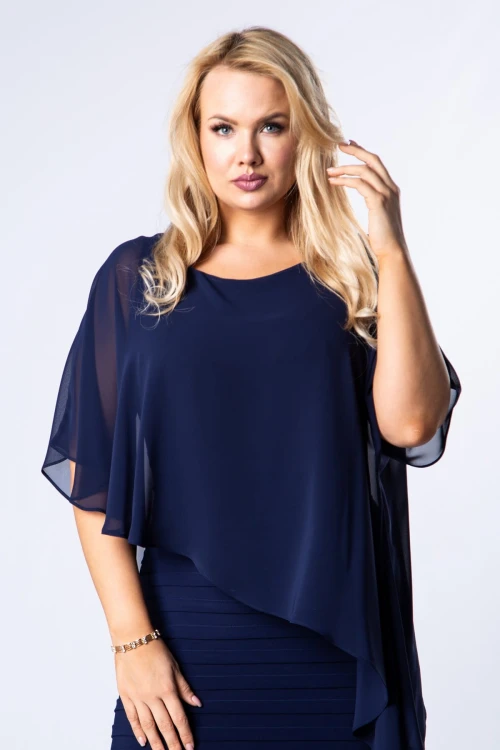 31041 dopasowana sukienka maxi z tiulową narzutką