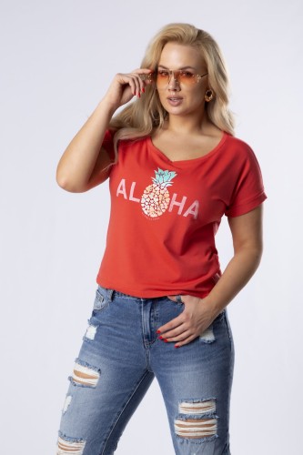 32103 bawełniany t-shirt z nadrukiem na biuście